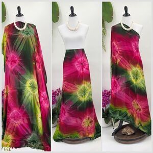 Pink Green Yellow Tye Dye MAXI SARONG Kīkepa Pareo Beach Wrap Skirt